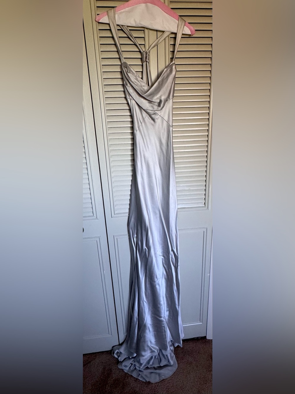 Monique Lhuillier Silver Satin Cowl-Neck Gown